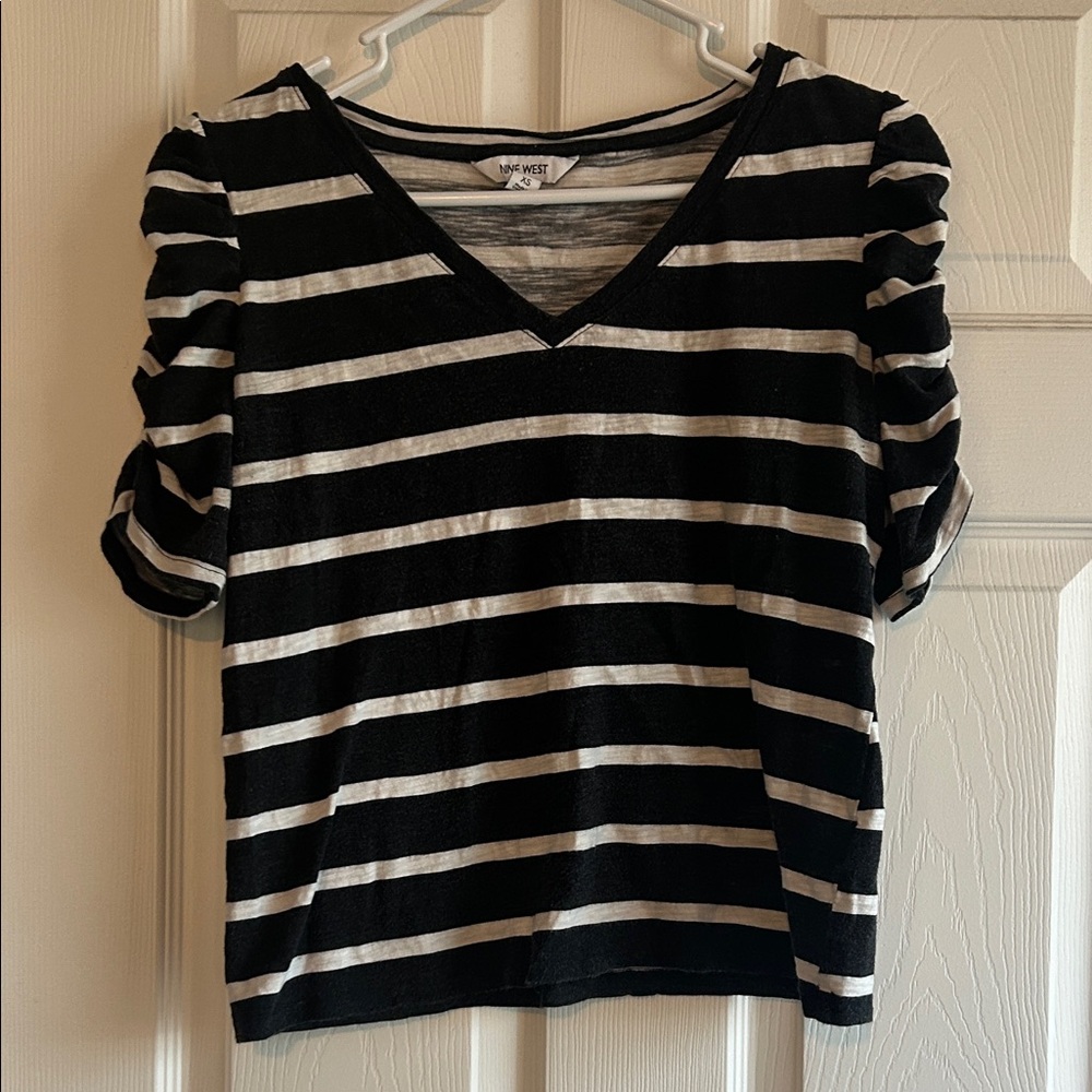 Nine West Striped V-Neck Top - Black and White